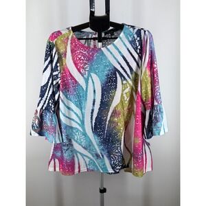 Calessa Womens XL Abstract Print Bell Sleeve Blouse Pink‎ Blue Green Top